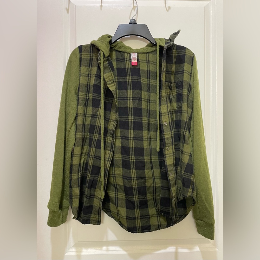 Green Plaid Cotton Hoodie Button-up Flannel Shirt